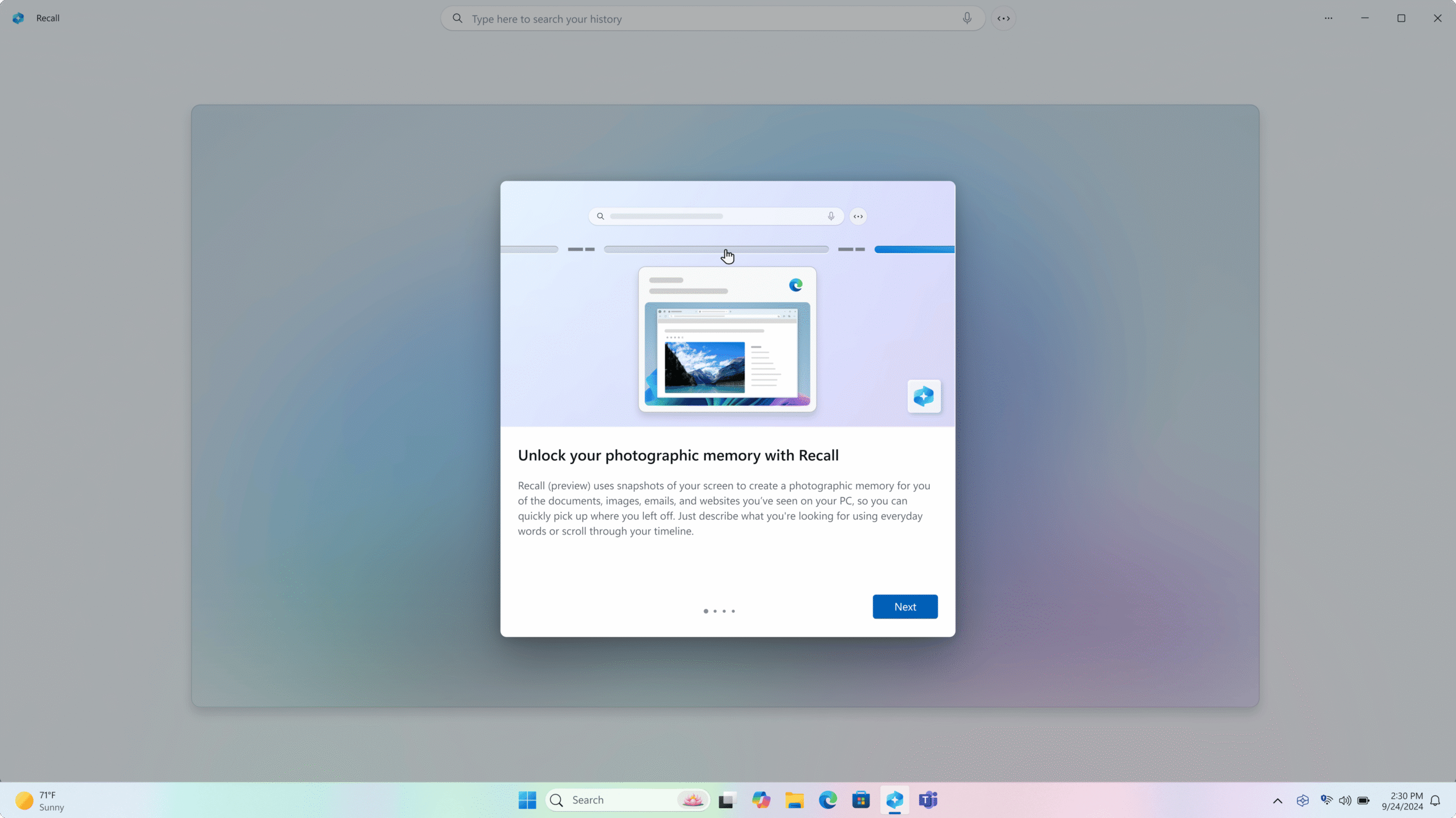 Recall je nová funkcia Windows, ktorá umožňuje rýchlo vyhľadávať obsah na základe opisu. Pracuje lokálne, chráni súkromie a šetrí čas používateľom. Využíva AI na intuitívne vyhľadávanie dokumentov, webov či aplikácií. Funkcia je dostupná pre Insiderov a prináša efektivitu aj vďaka novej funkcii Click to Do.